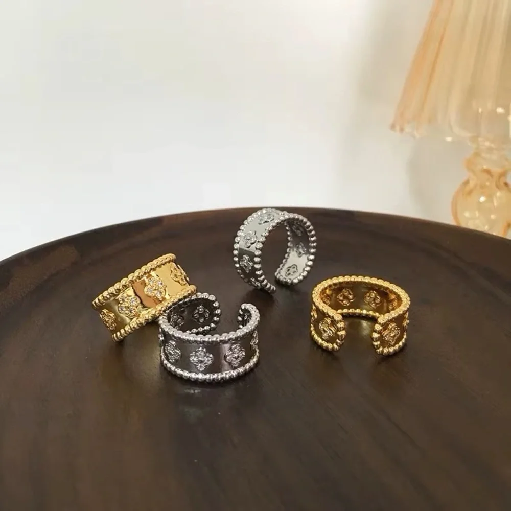 Luxury Inspired Four Leaf Clover Beaded Wide Band Ring – Silver & Zirconia